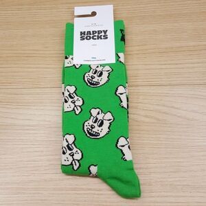 HAPPY SOCKS Crew Socks Green Dog Combed Cotton Unisex M 8-12 W 10-12.5